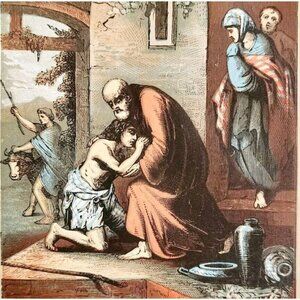 1853 Prodigal Son Rare Colored Engraving Victorian Bible Art Antique DWNN23